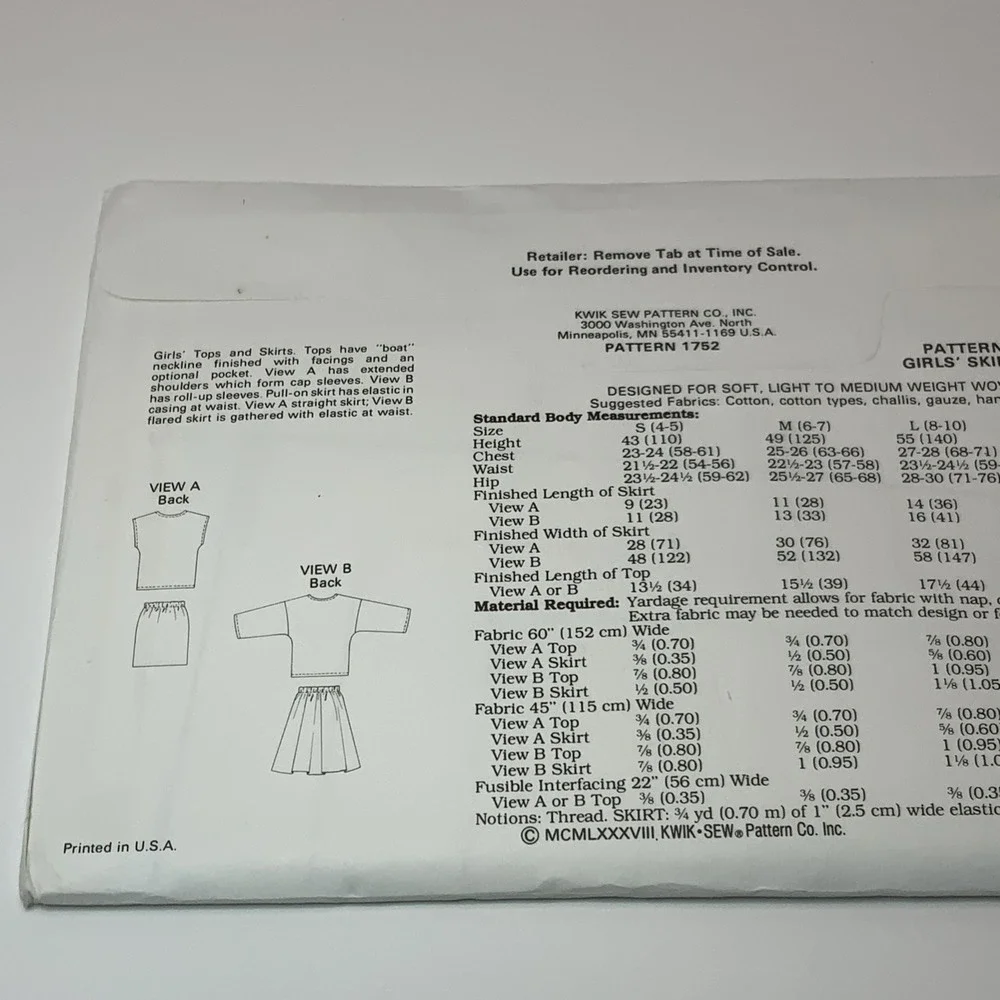 KWIK SEW Sewing Pattern 1752‎ Girls' Tops & Skirt Sz S M L Xl Uncut Vintage